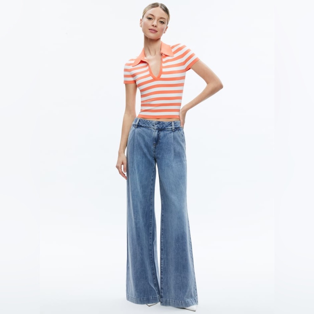 NWT Alice + Olivia Martha Stripe Crop Knit Polo Coral/Soft White